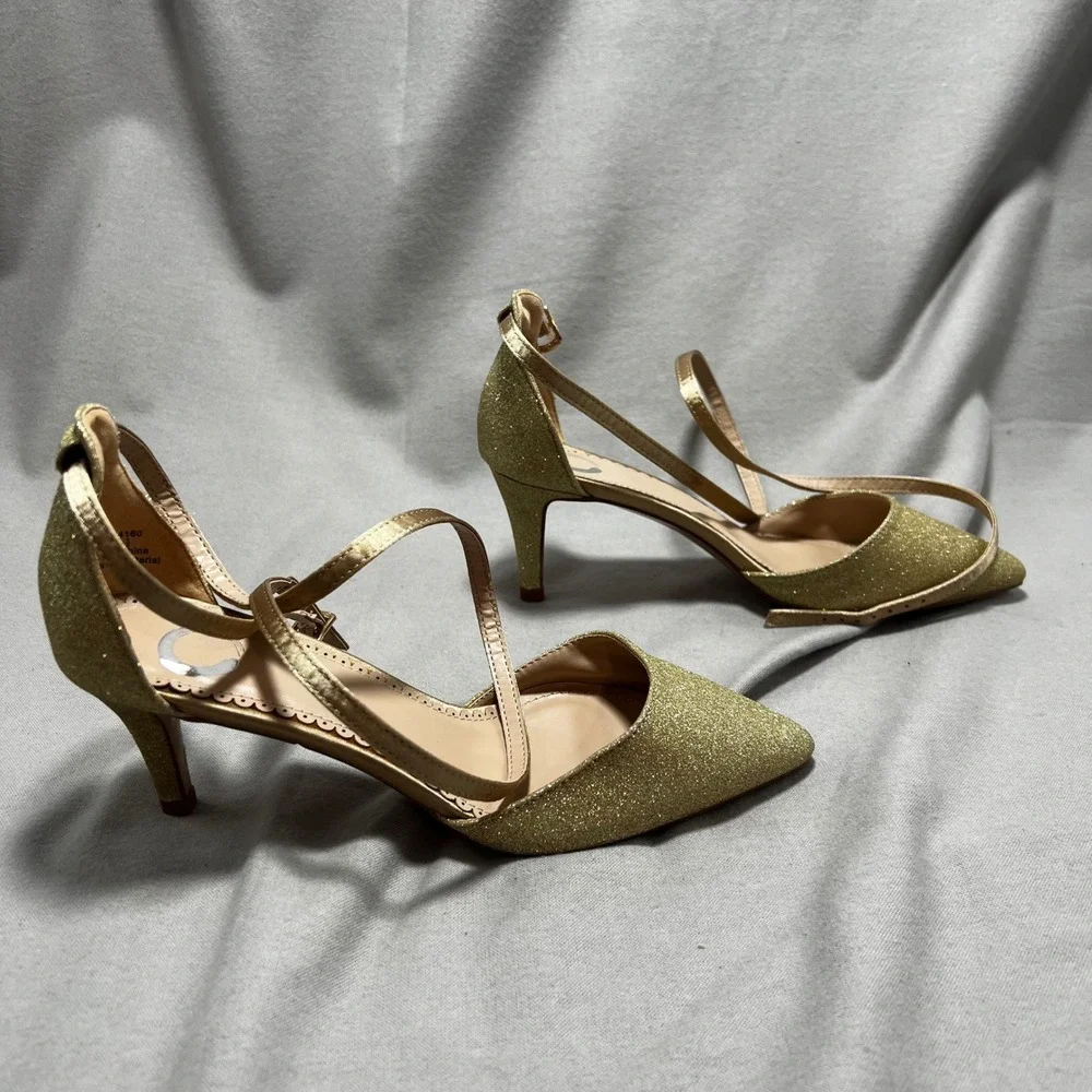 Journee Collection Leila Glitter Pumps D'Orsay Ankle Strap Heels Pointed Toe 6.5